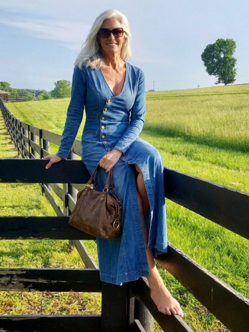 Tegan | Denim Maxi Dress with Long Sleeves and Button-Front for Women