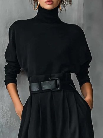 Thea | Straight Leg Pants Set with Turtleneck and Long Sleeves for Women