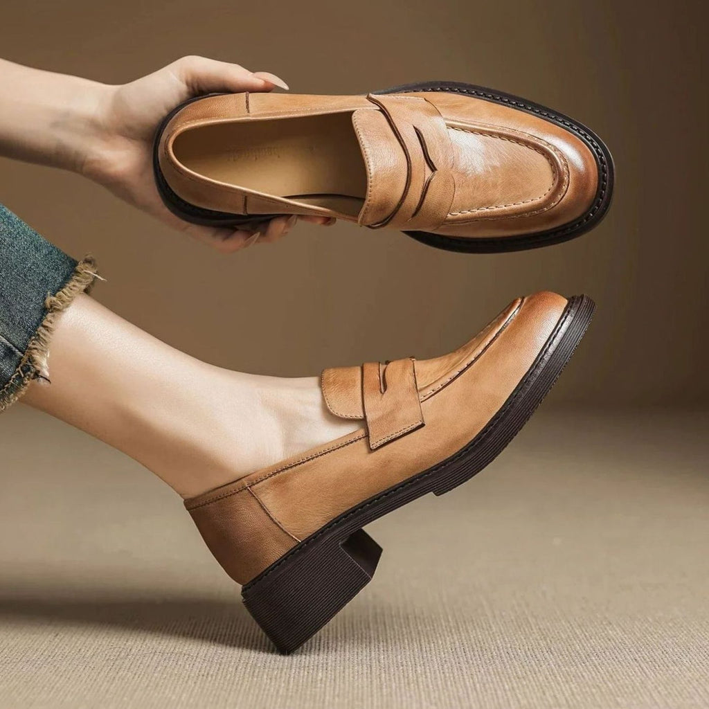 Theodora | Leather Penny Loafer Slip-On Flats for Women