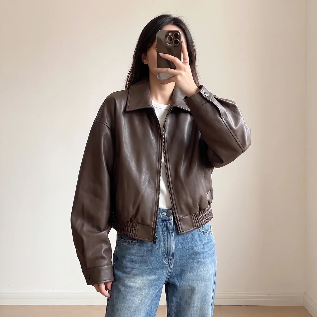 Thomasin Cropped Leather Bomber