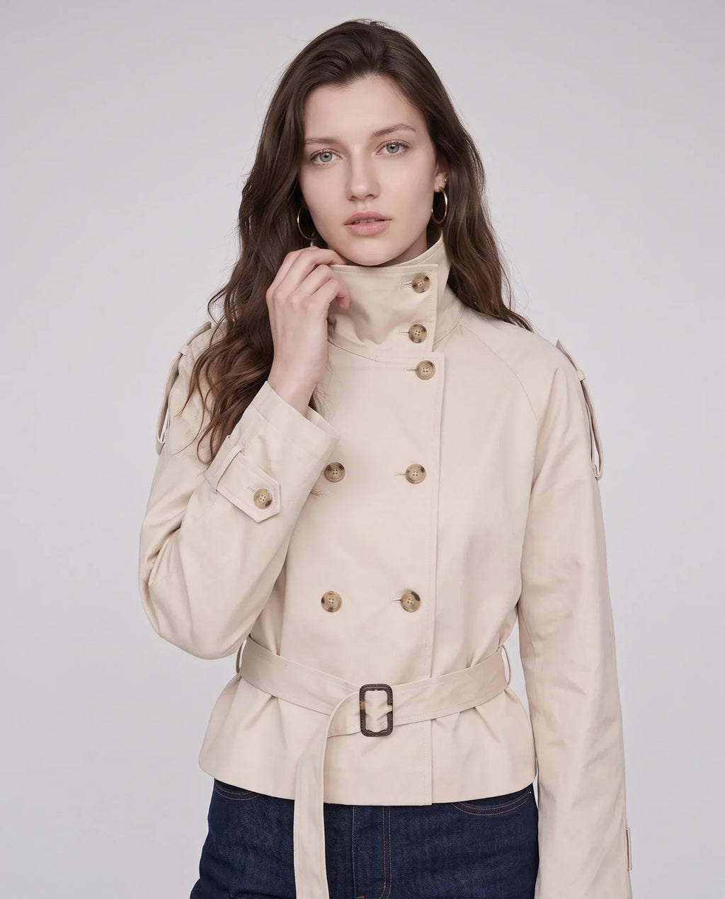Women's Short Trench Jacket, High Collar, Double Breasted