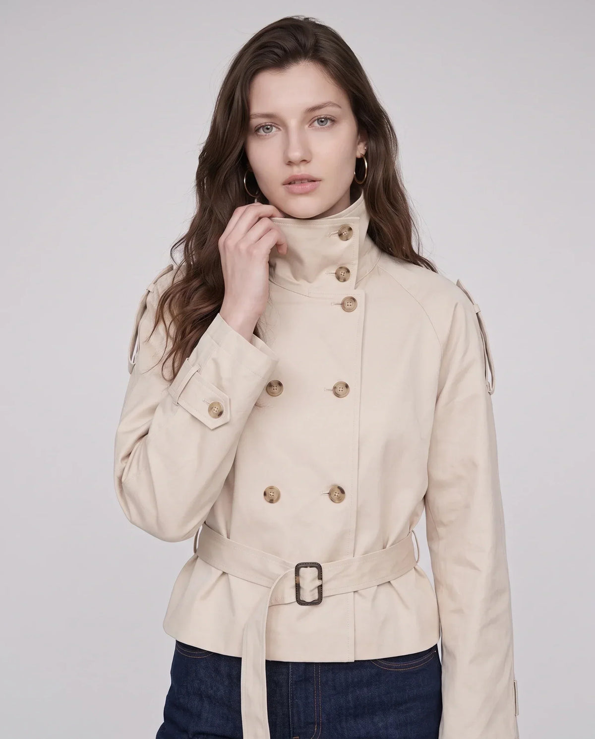 Women's Short Trench Jacket, High Collar, Double Breasted