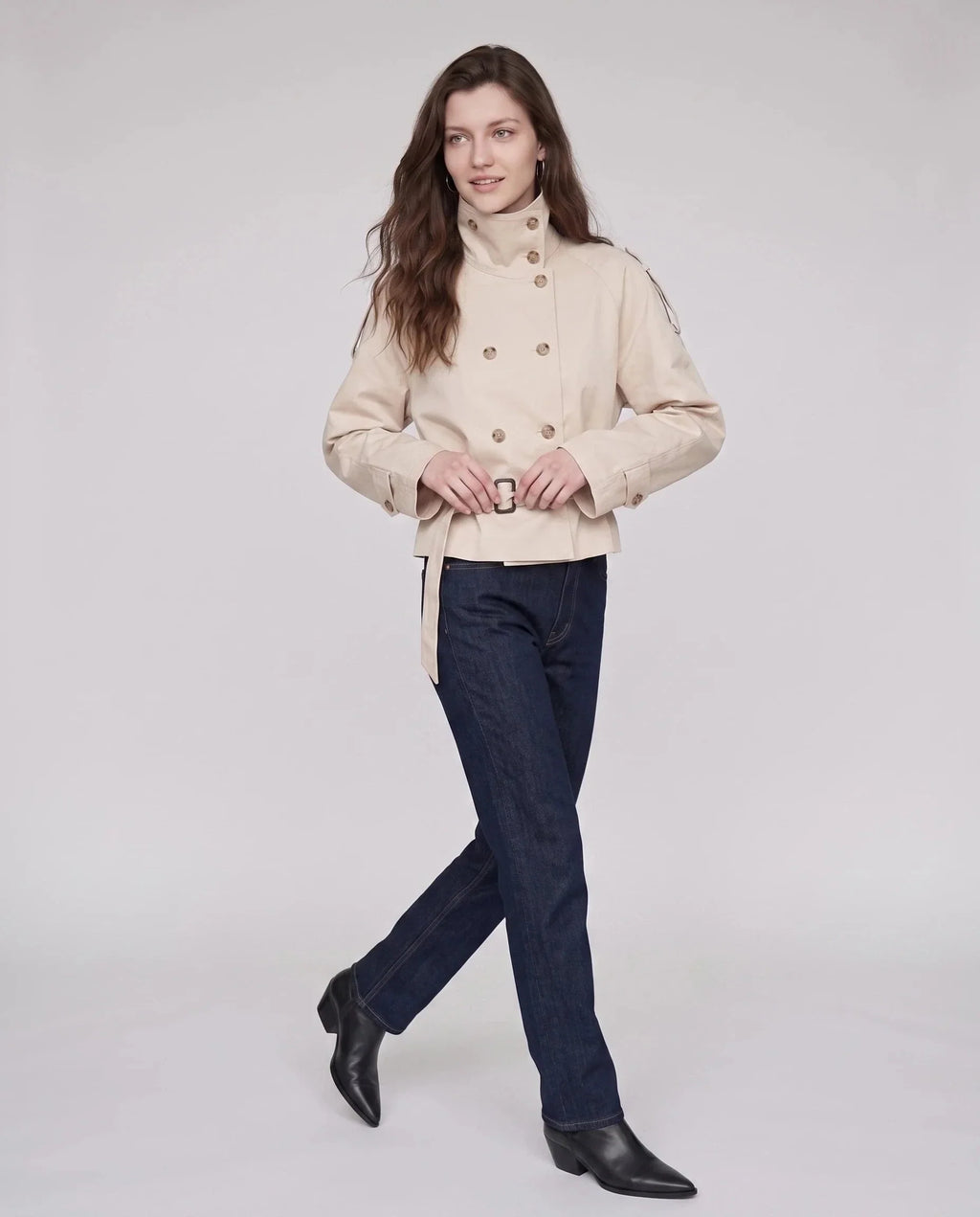 Women's Short Trench Jacket, High Collar, Double Breasted
