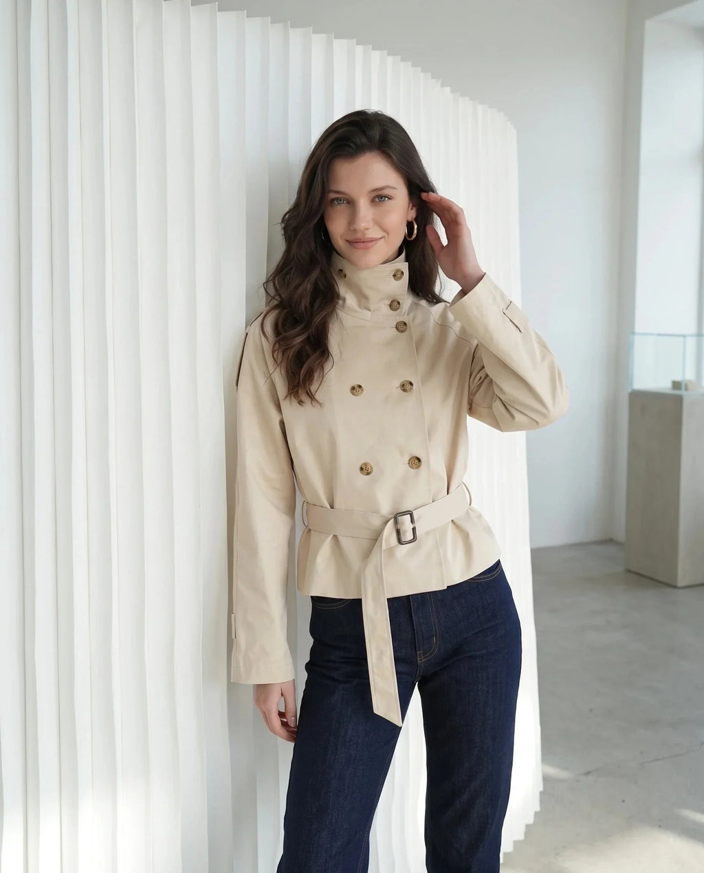 Women's Short Trench Jacket, High Collar, Double Breasted