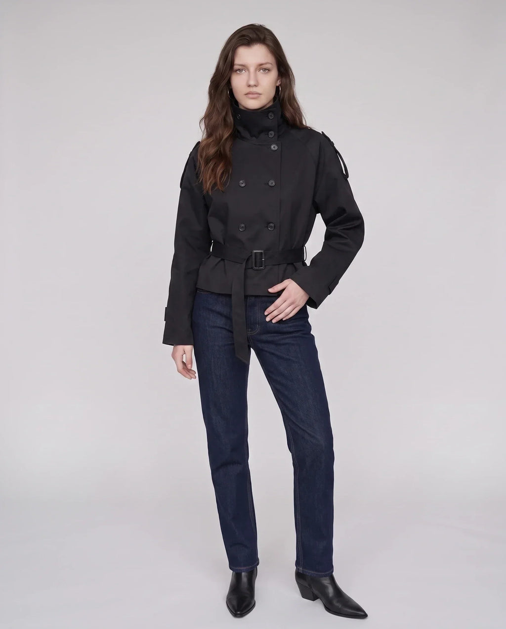 Women's Short Trench Jacket, High Collar, Double Breasted