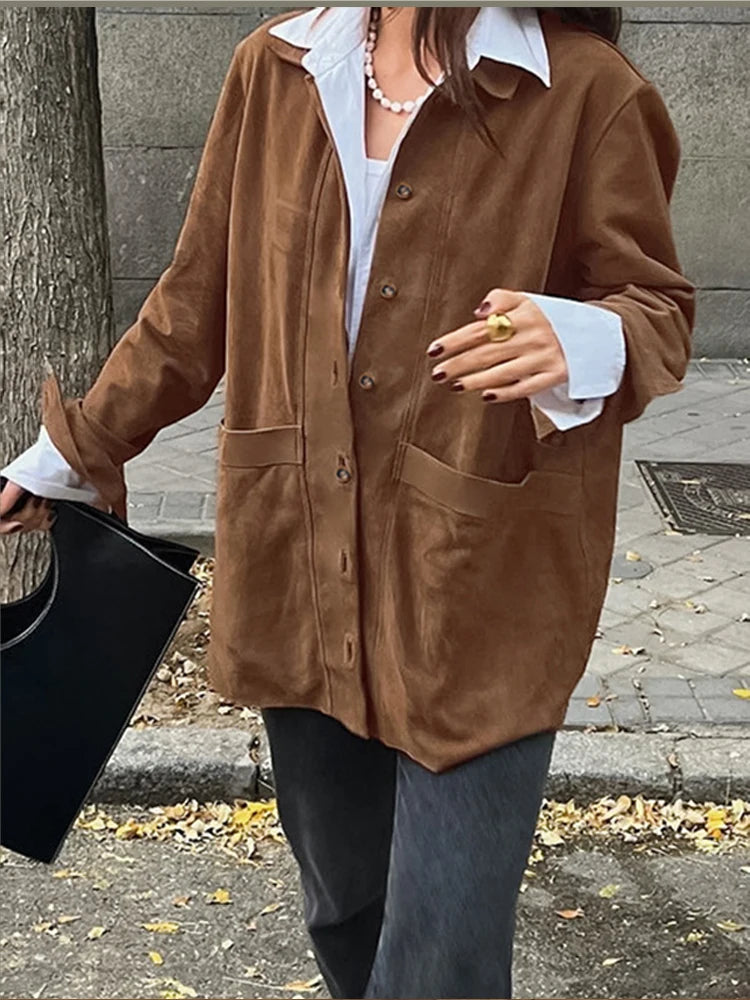 Women's Oversized Blazer with Lapel Collar and Pockets
