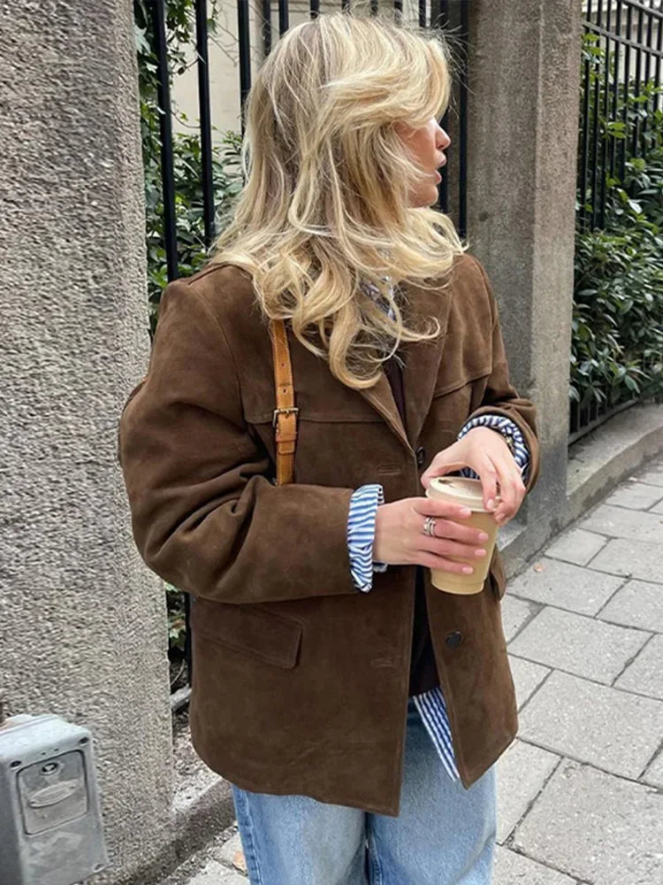 Women's Oversized Blazer with Lapel Collar and Pockets