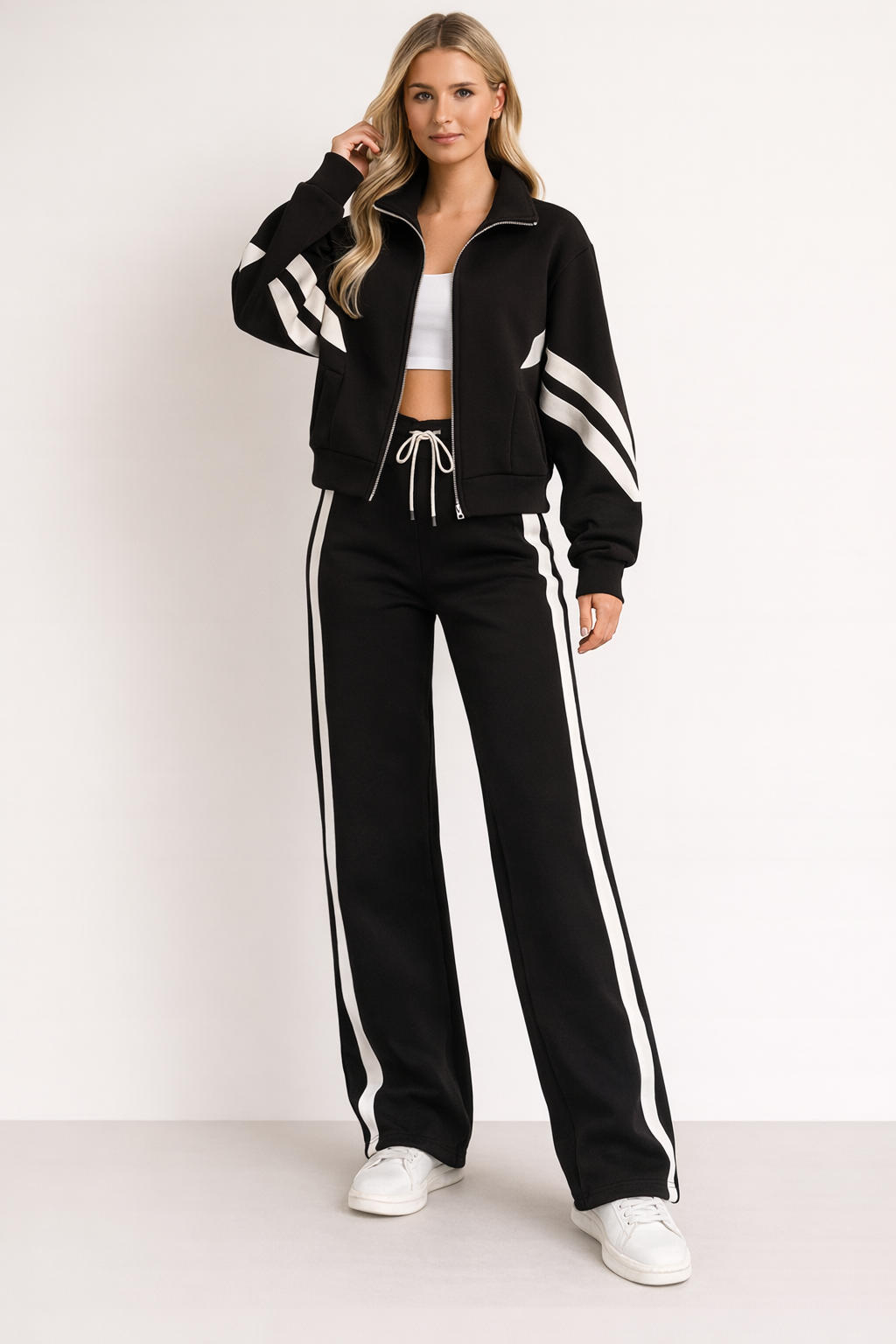 Women's Zip-Front Tracksuit Set with Wide-Leg Pants