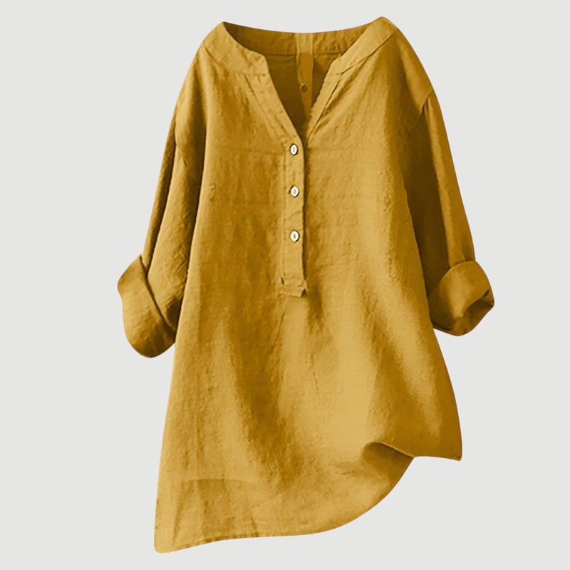Women's Linen Blouse with Relaxed Fit and Rollable Sleeves