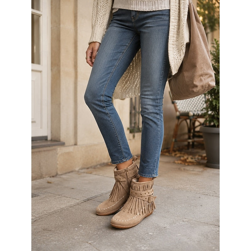 Women's Fringe Ankle Boots with Buckle Strap Zip