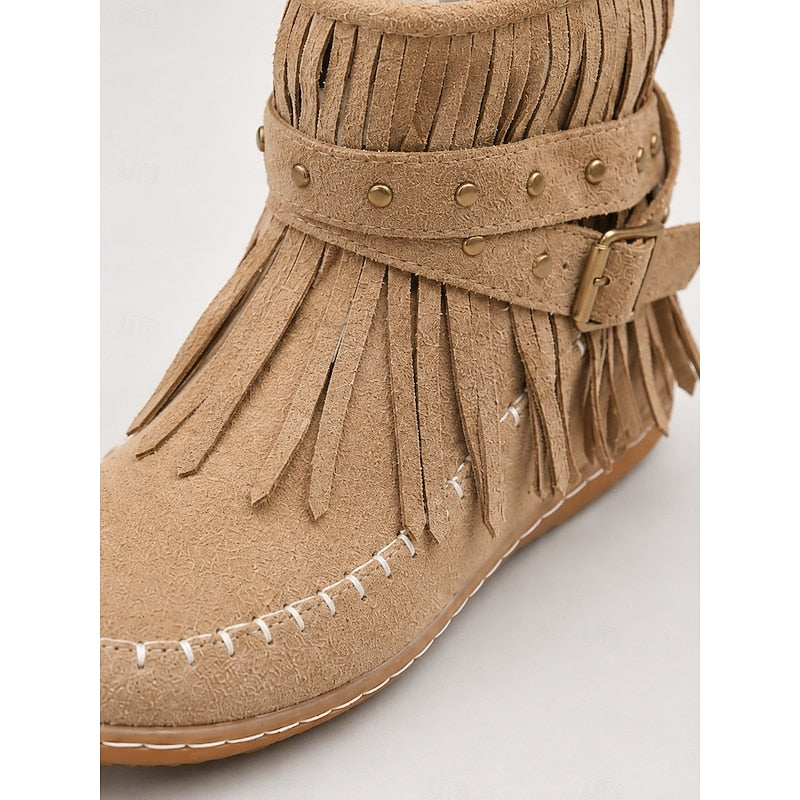 Women's Fringe Ankle Boots with Buckle Strap Zip
