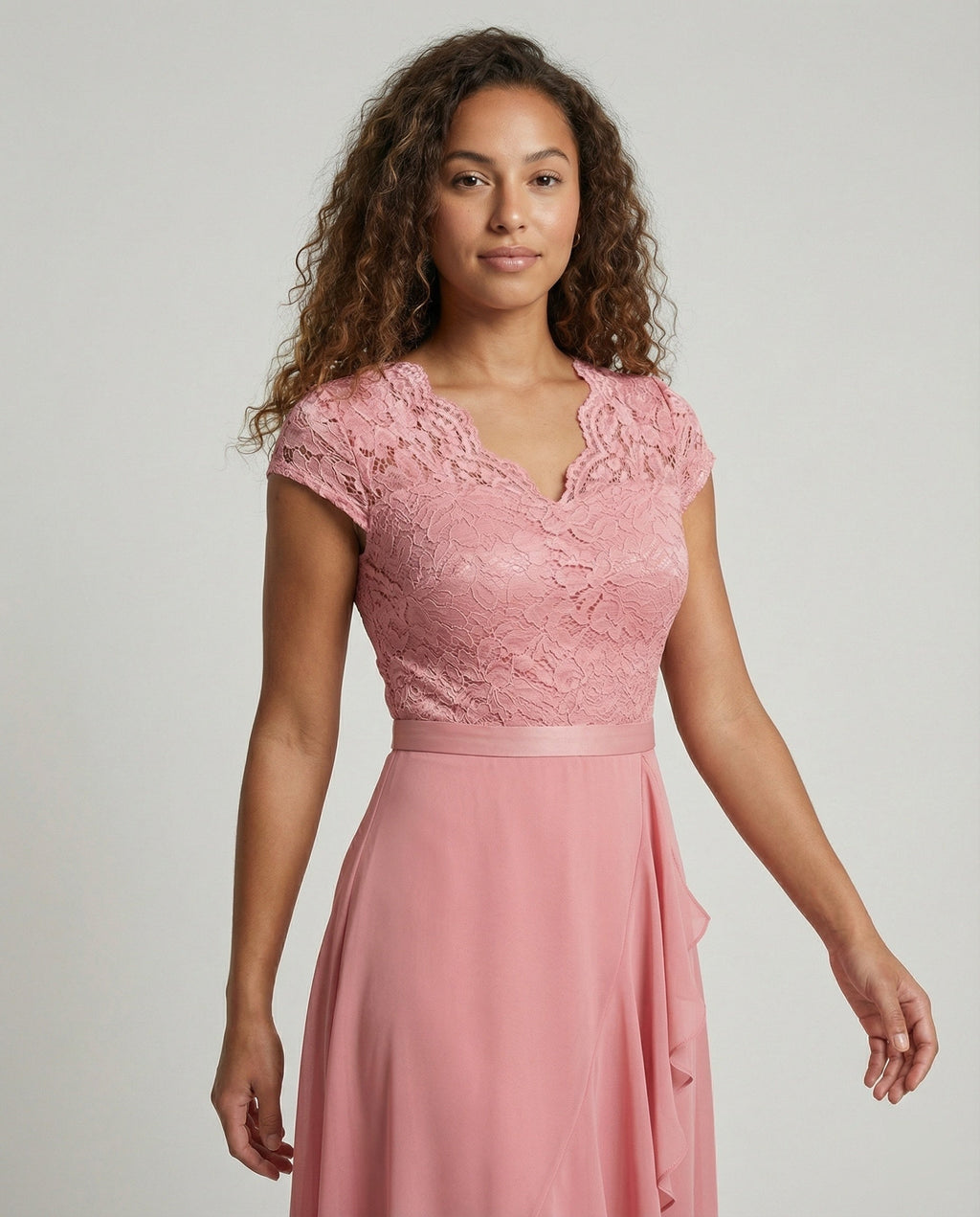 Women's Lace High-Low Dress with V-Neck and Ruffle Hem