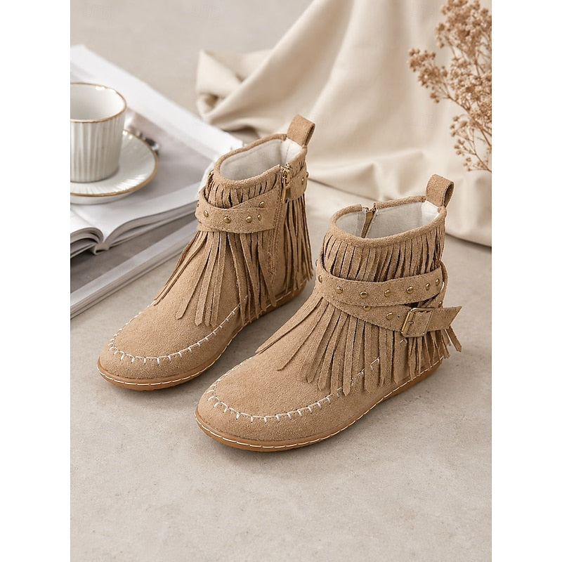 Women's Fringe Ankle Boots with Buckle Strap Zip