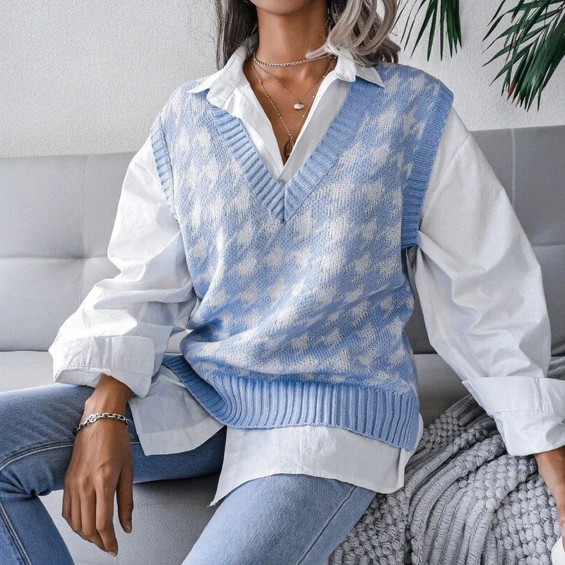 Liselle | Houndstooth Knit Vest with V-Neck for Women