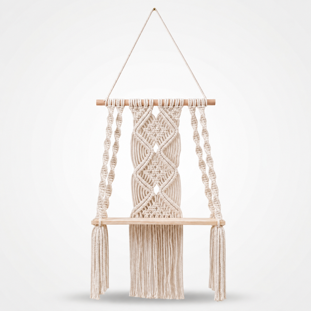 Woven Haven – Macramé Diamond Pattern Wooden Wall Shelf
