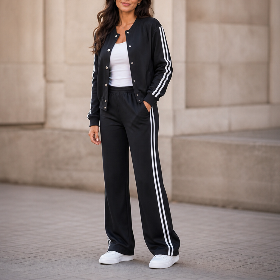 Wearbella – Contrast-Stripe High-Waisted Wide-Leg Loungewear Set