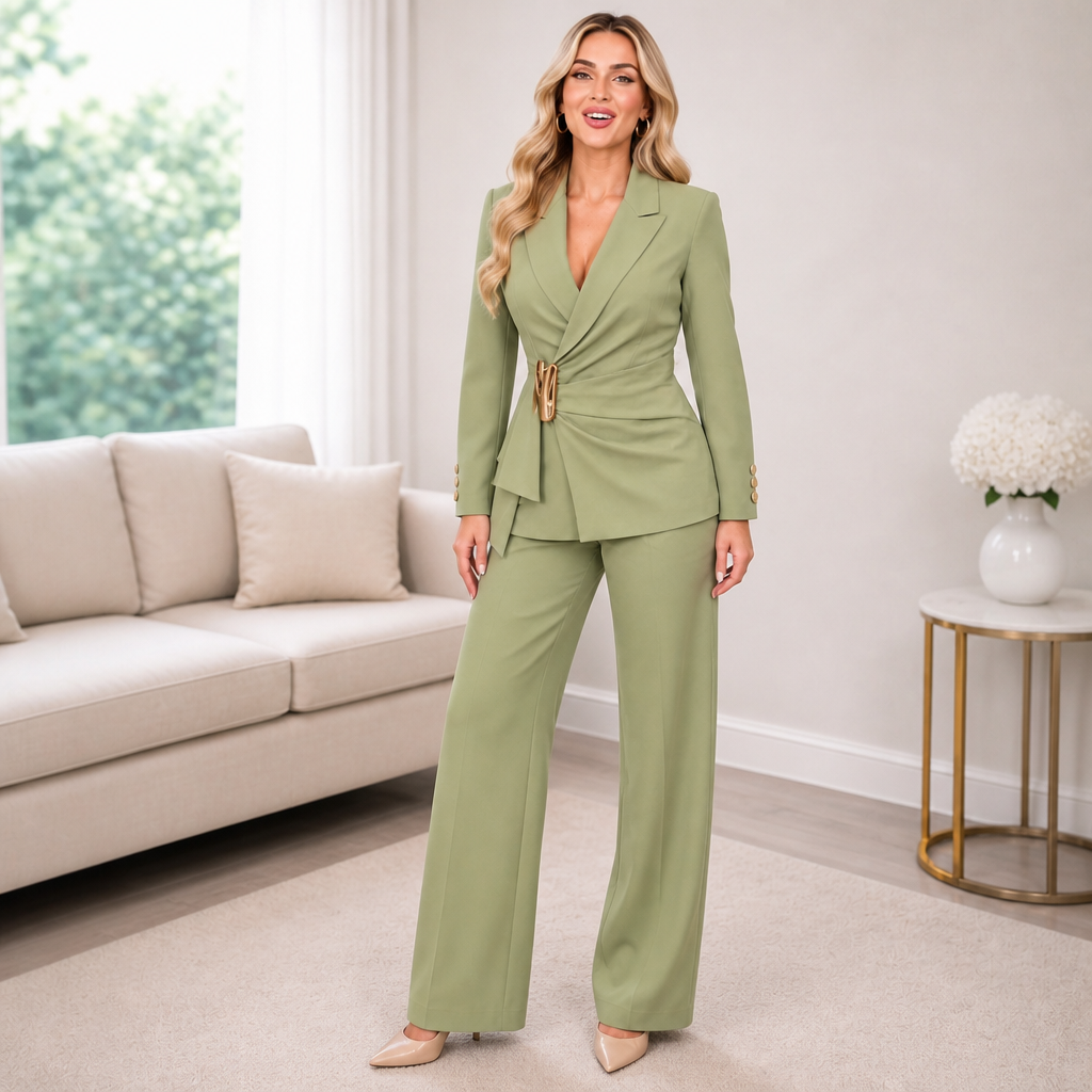 Poise & Form – Twisted Buckle-Waist Wide-Leg Trouser Set