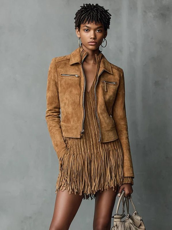 Vasilisa | Suede Cropped Jacket with Lapel Collar for Women