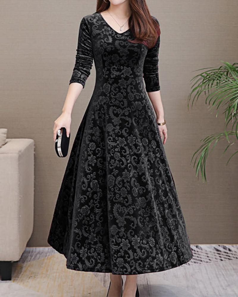 Women's Textured Midi Dress with Long Sleeves and A-Line Skirt