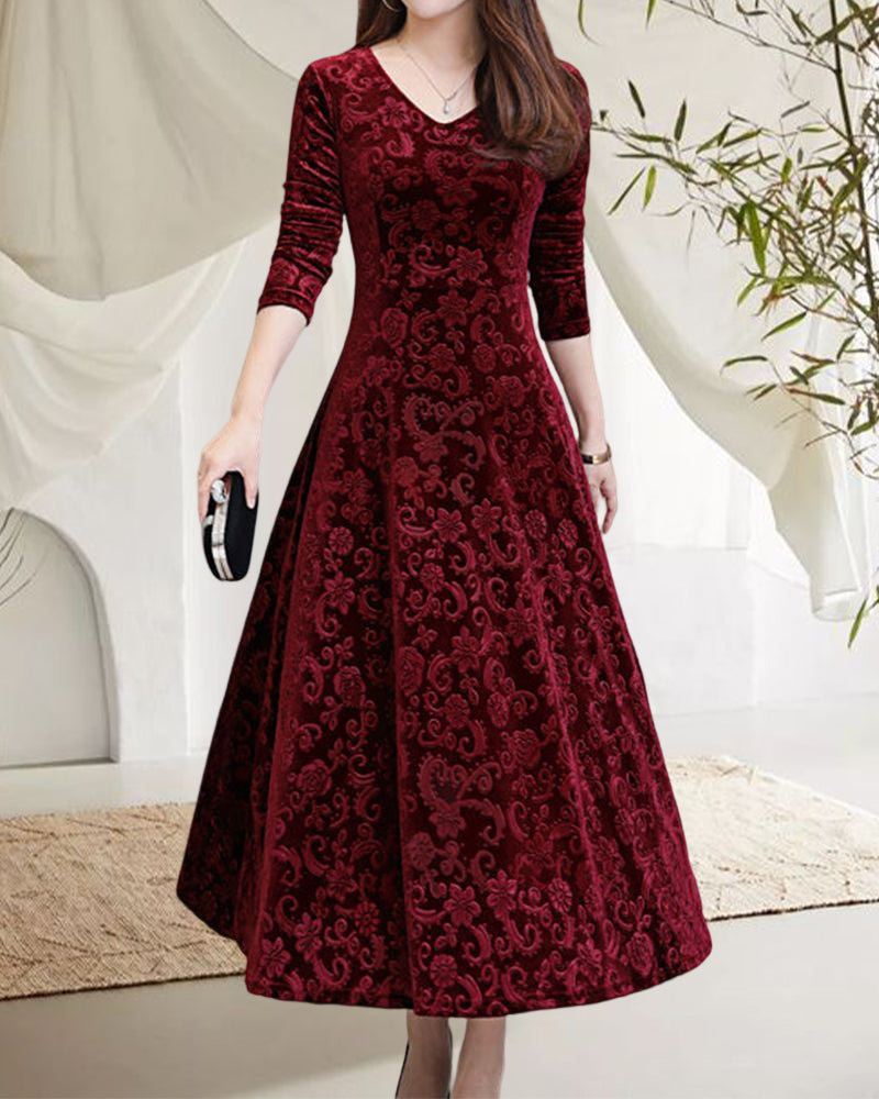 Women's Textured Midi Dress with Long Sleeves and A-Line Skirt