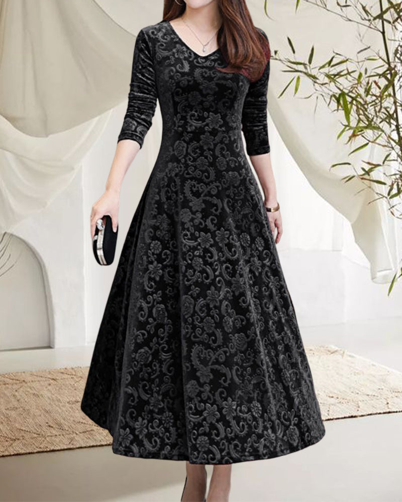 Women's Textured Midi Dress with Long Sleeves and A-Line Skirt