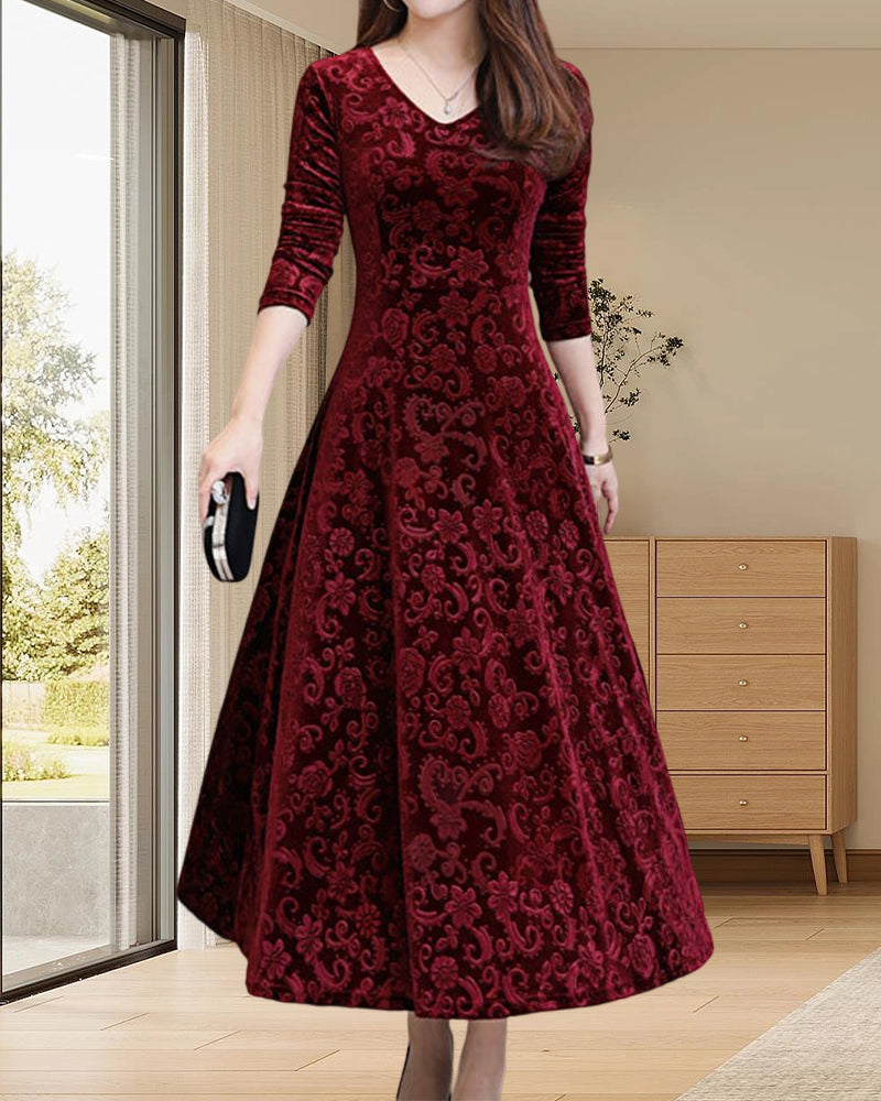 Women's Textured Midi Dress with Long Sleeves and A-Line Skirt