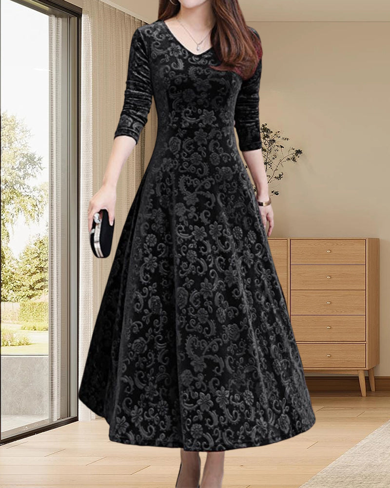 Women's Textured Midi Dress with Long Sleeves and A-Line Skirt