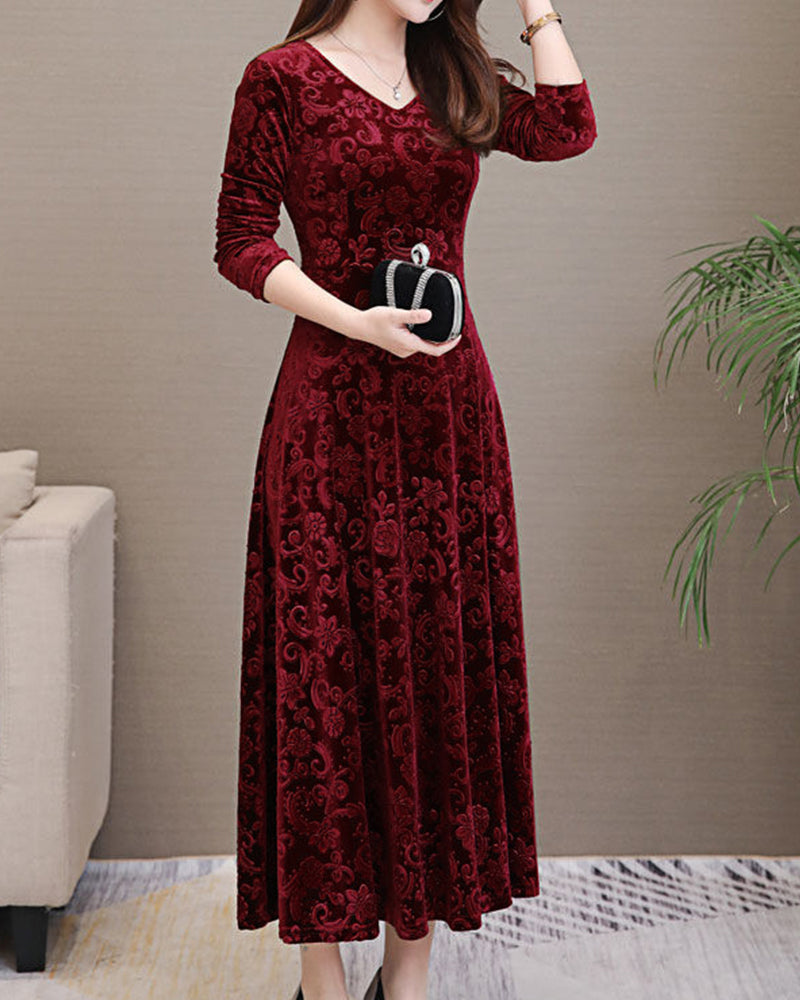 Women's Textured Midi Dress with Long Sleeves and A-Line Skirt