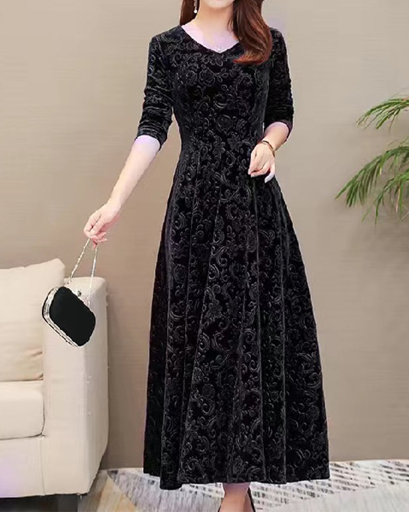 Women's Textured Midi Dress with Long Sleeves and A-Line Skirt