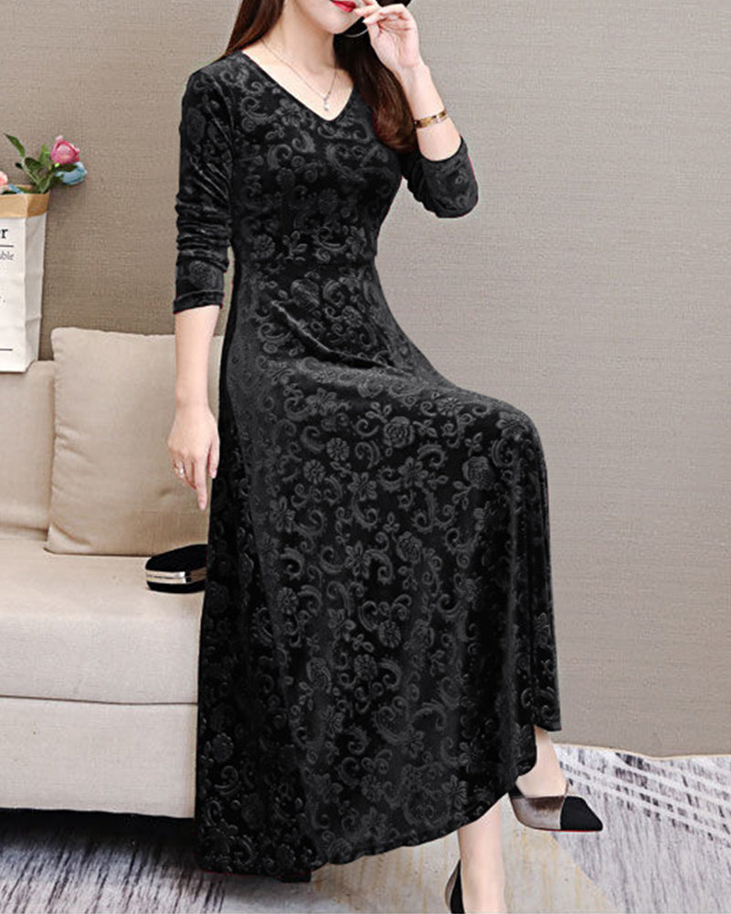 Women's Textured Midi Dress with Long Sleeves and A-Line Skirt