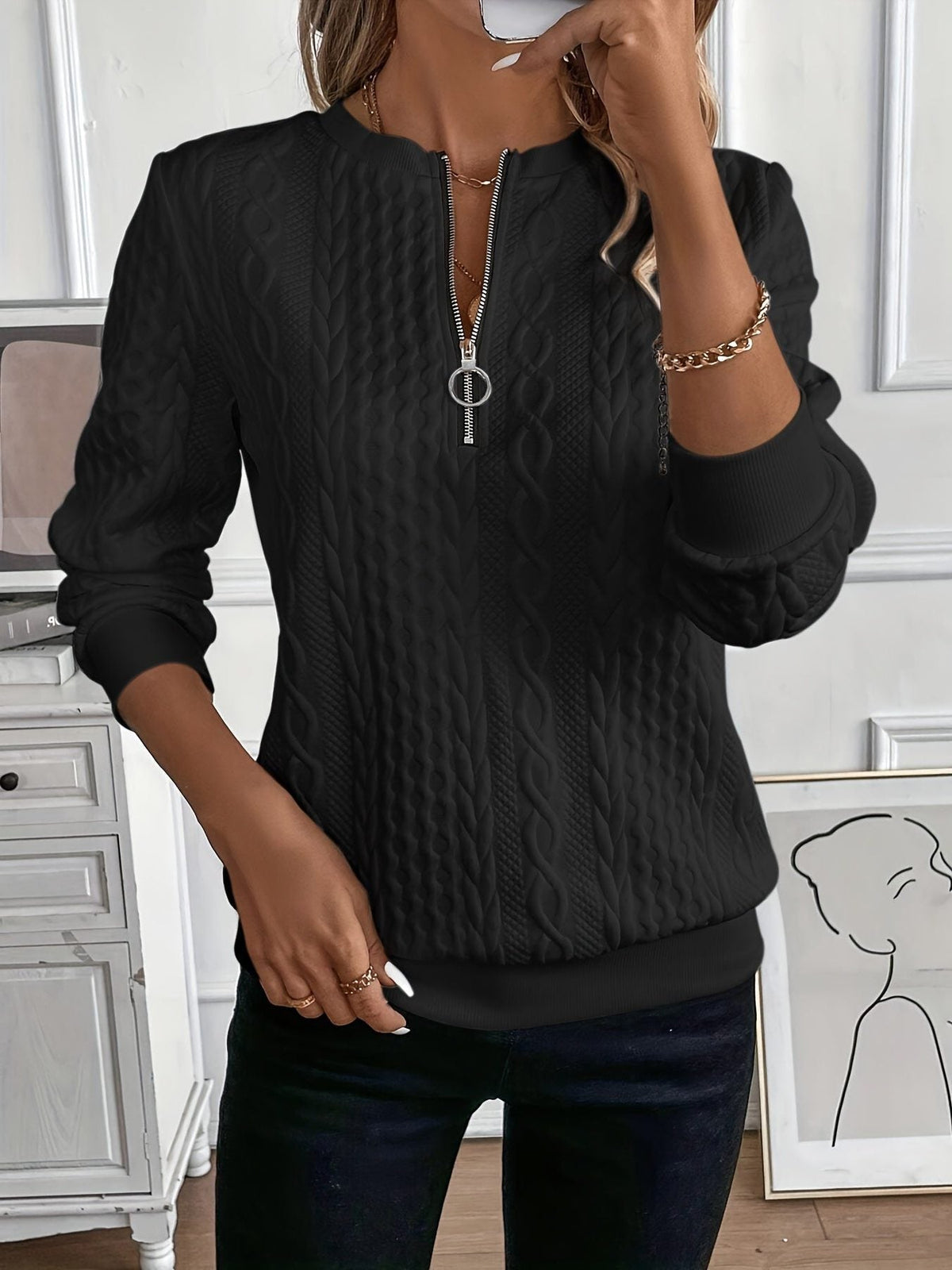 Venetia | Cable Knit Half-Zip Top with Long Sleeves for Women