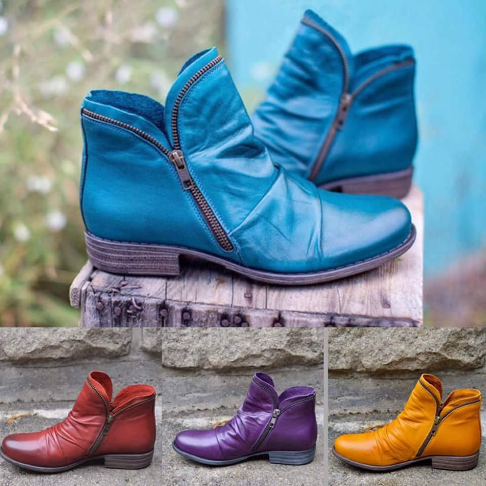 Women's Ankle Boots, Side Zip, Ruched Upper, Low Heel
