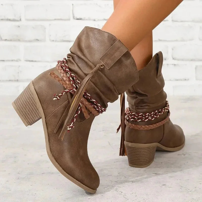 Women's suede ankle boots with braided straps
