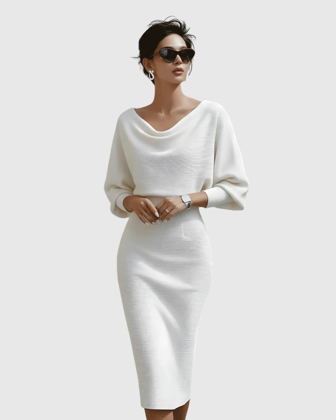 White draped batwing midi dress