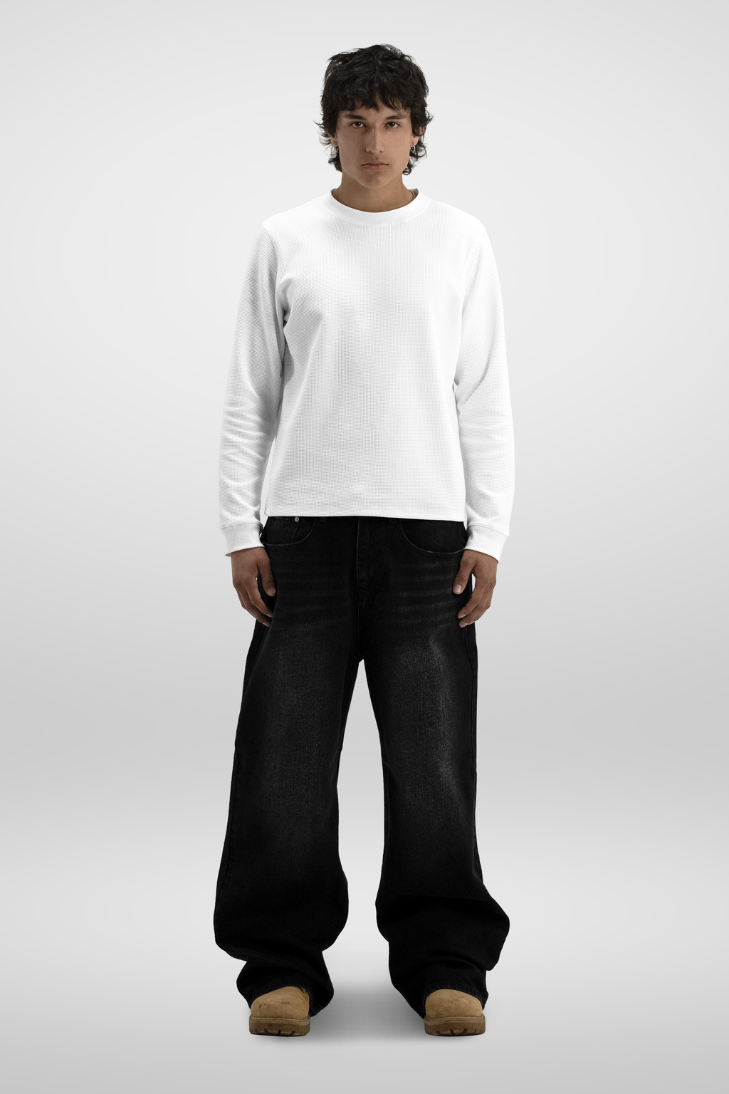 Men's White Textured Long Sleeve Crew Neck T-Shirt
