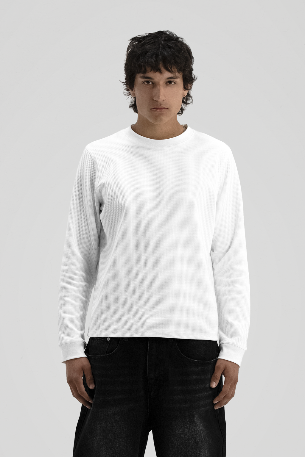 Men's White Textured Long Sleeve Crew Neck T-Shirt
