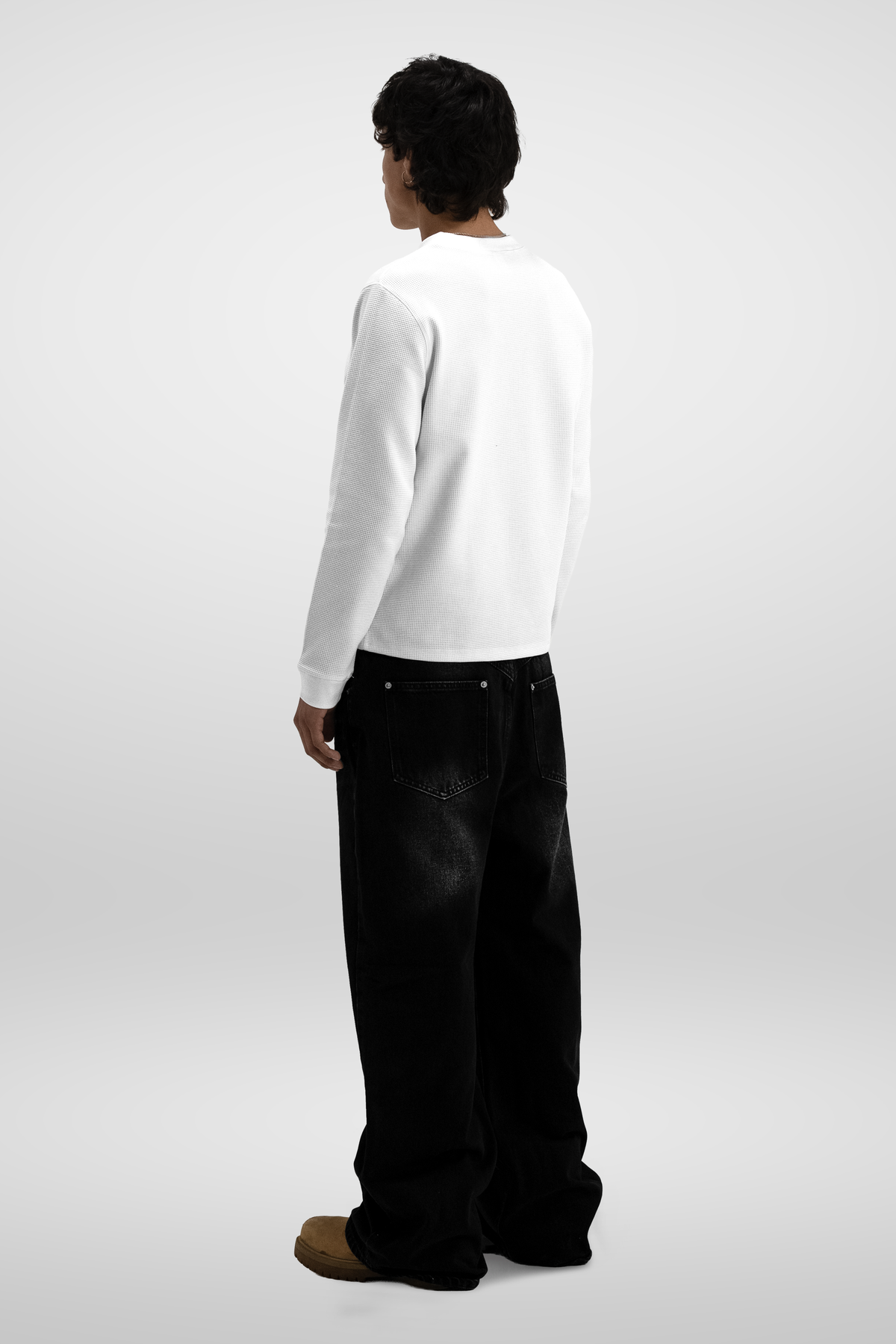 Men's White Textured Long Sleeve Crew Neck T-Shirt