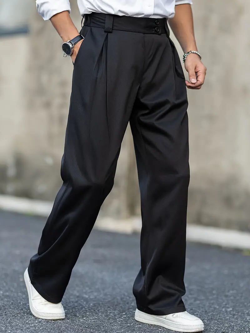 Wide Leg Pleated Chino Trousers for Men