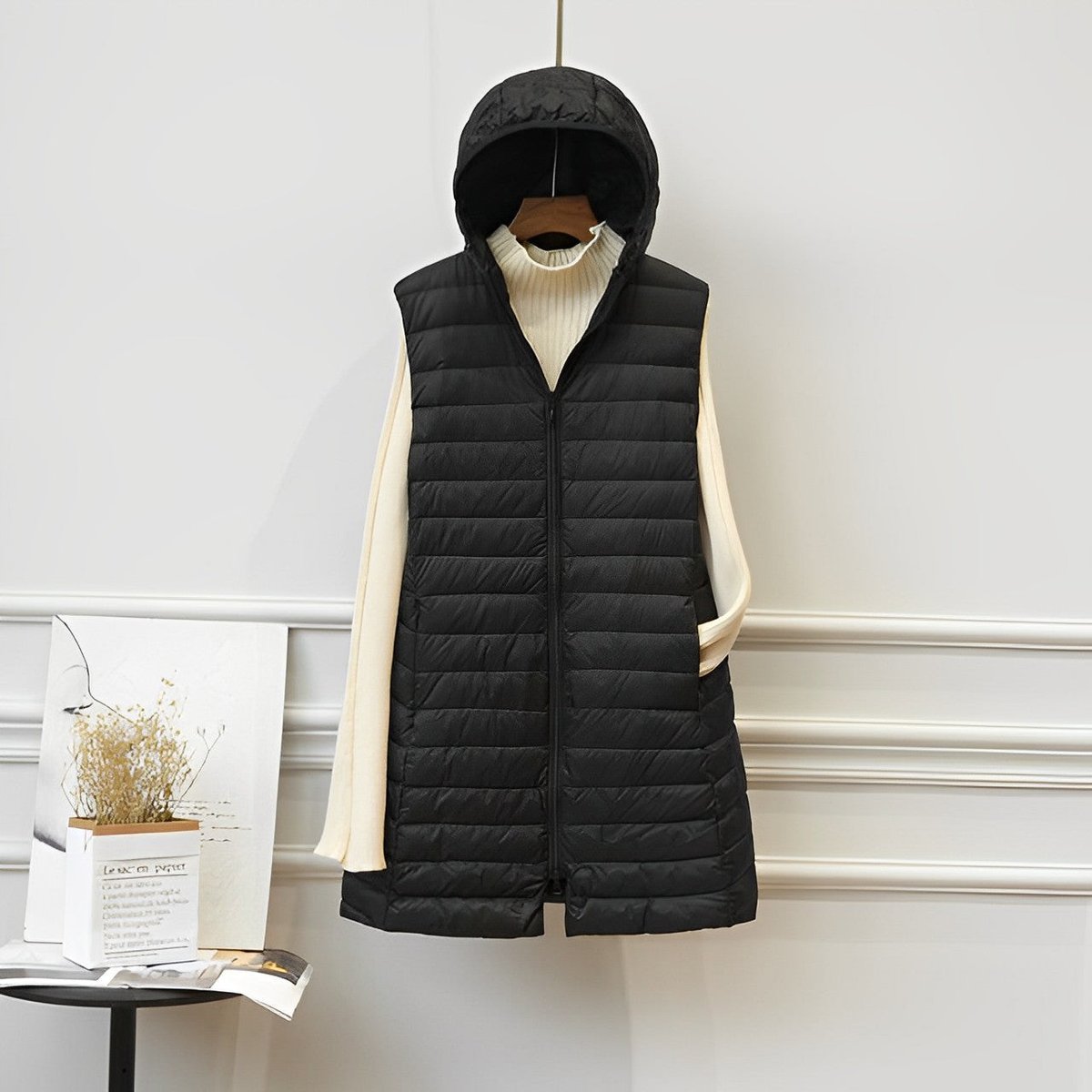 Women's Sleeveless Long Puffer Vest with Hood