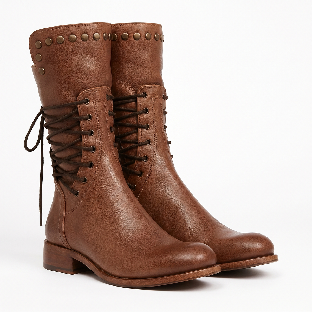 Women's Lace-Up Mid-Calf Boots, Studded Cuff, Block Heel