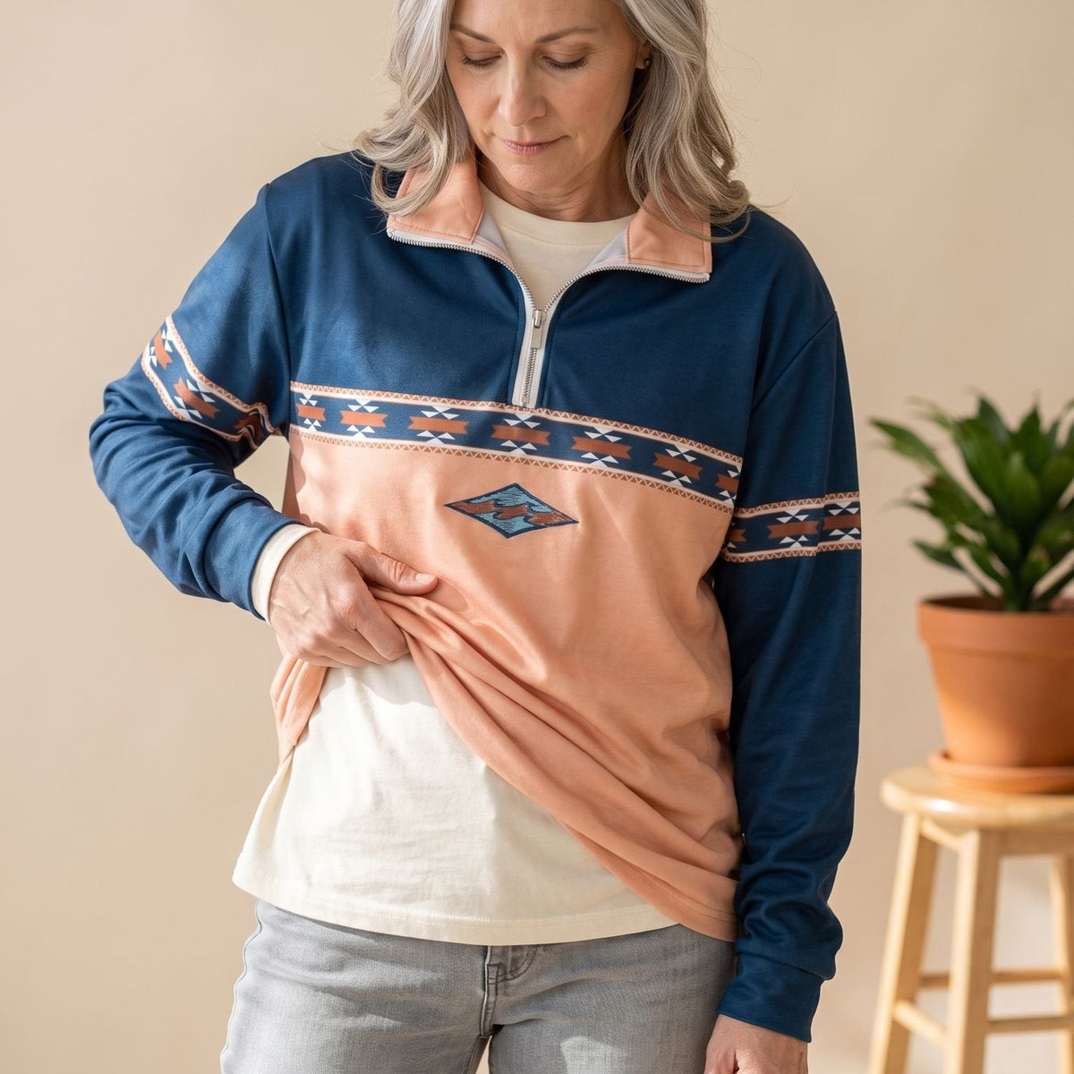 Eleanor | Women's Aztec Print Half-Zip Collar Pullover Sweater