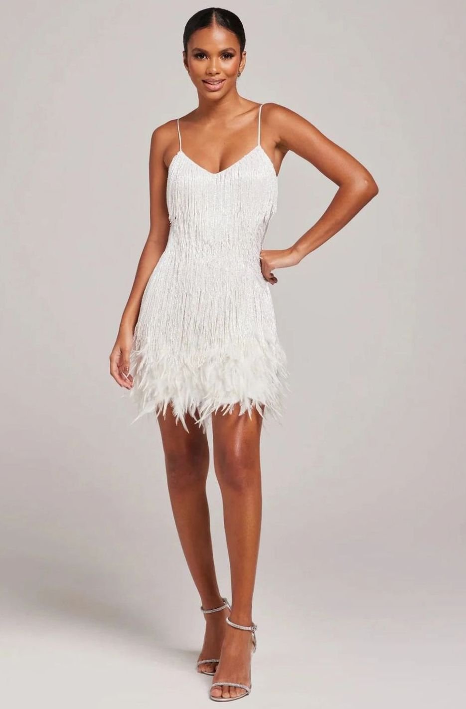 Women's Beaded Fringe Feather-Trim Spaghetti-Strap Mini Dress