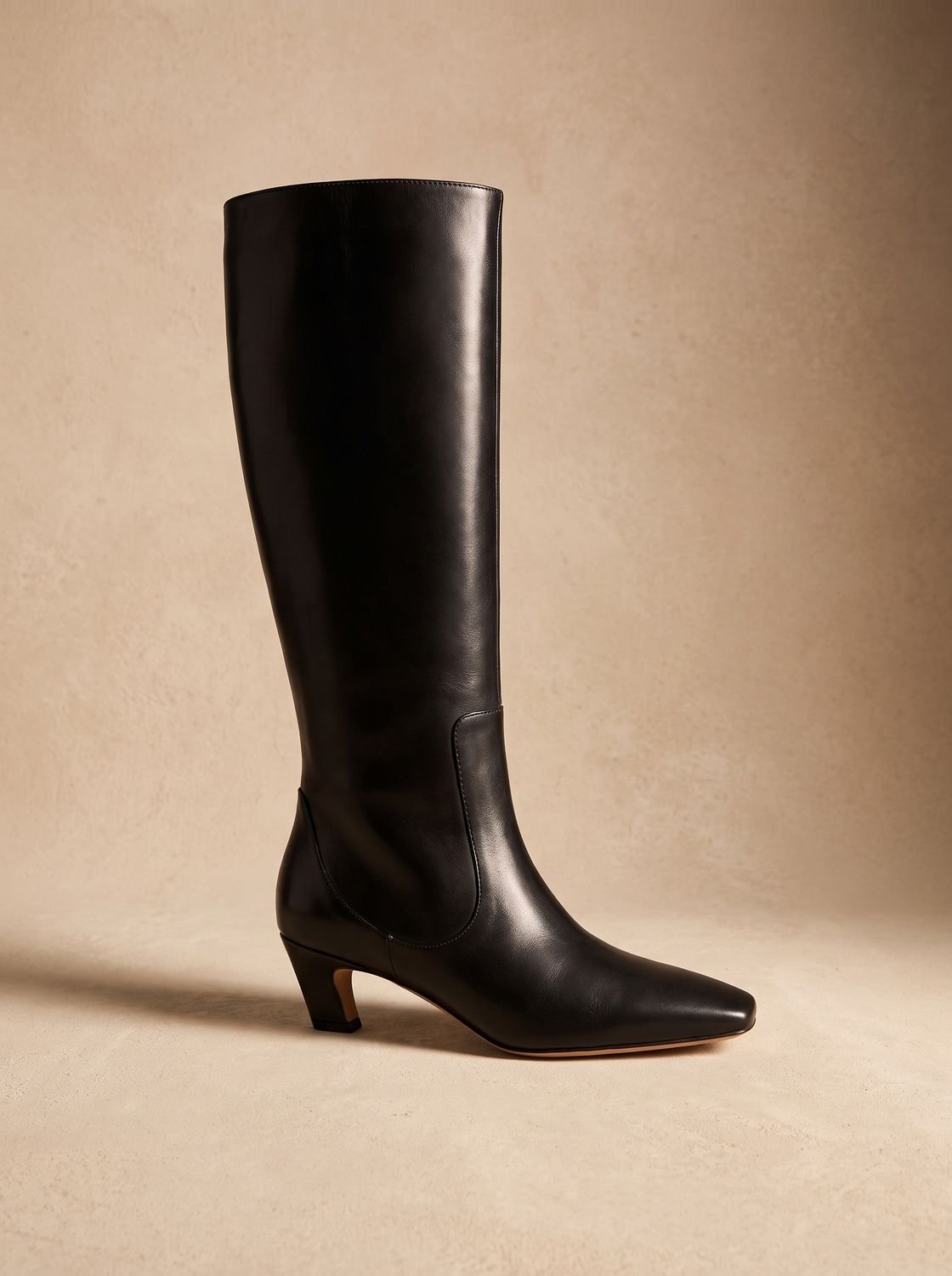 Scarlett | Women's Black Knee High Boots Square-Toe Low Kitten Heel