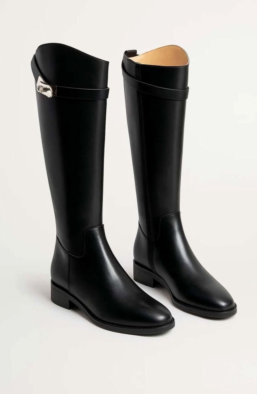 Eleanor | Women's Black Leather-Look Buckle-Detail Knee High Boots