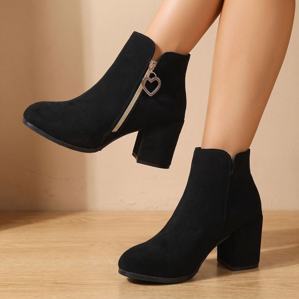Amelia | Women's Black Suede Block Heel Ankle Boots Heart-Charm Zipper