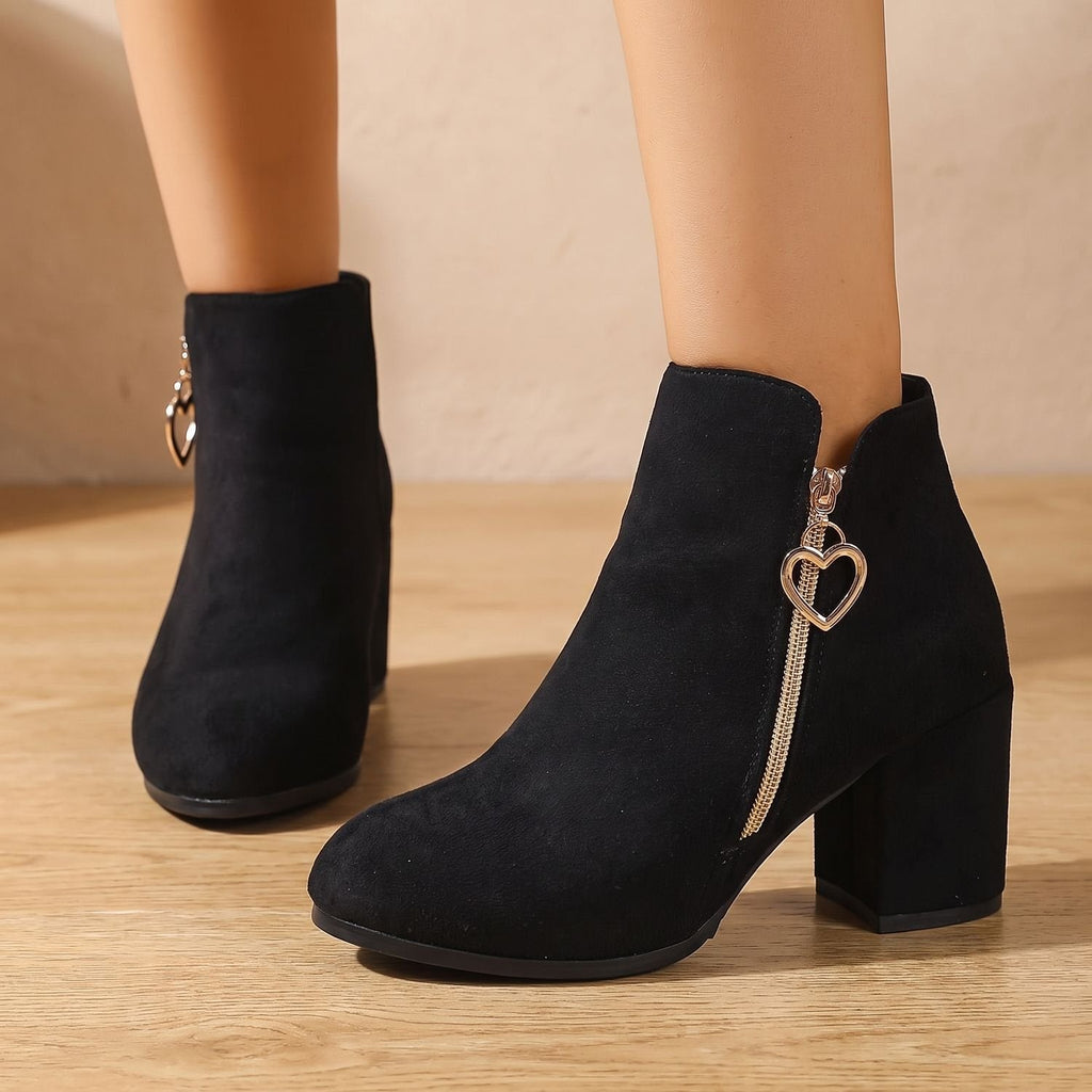 Amelia | Women's Black Suede Block Heel Ankle Boots Heart-Charm Zipper