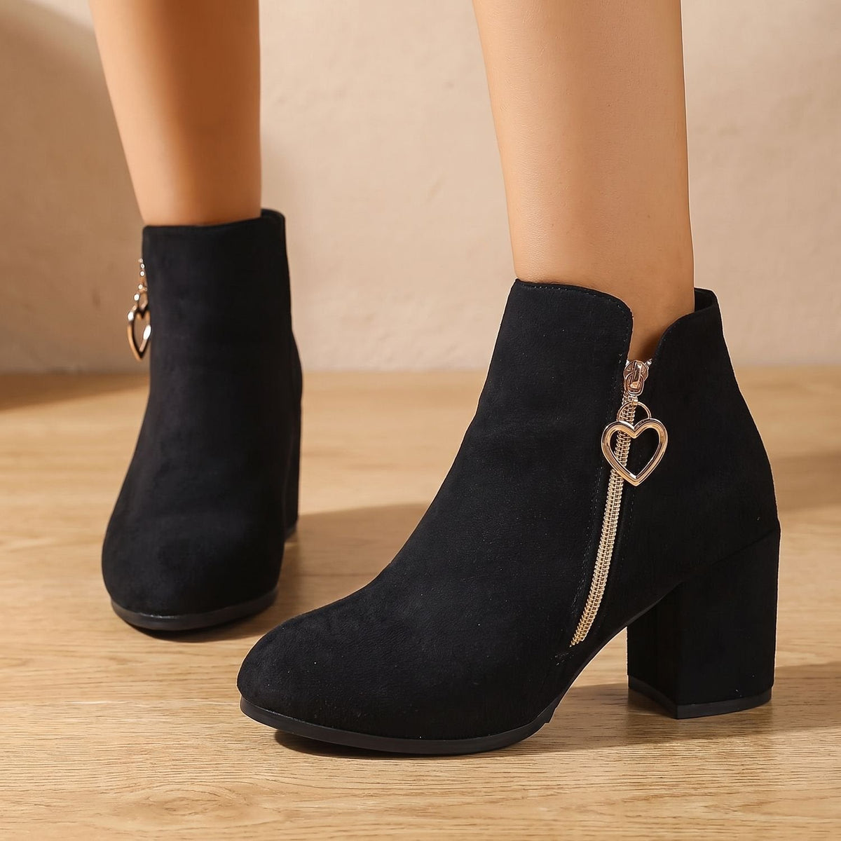 Amelia | Women's Black Suede Block Heel Ankle Boots Heart-Charm Zipper