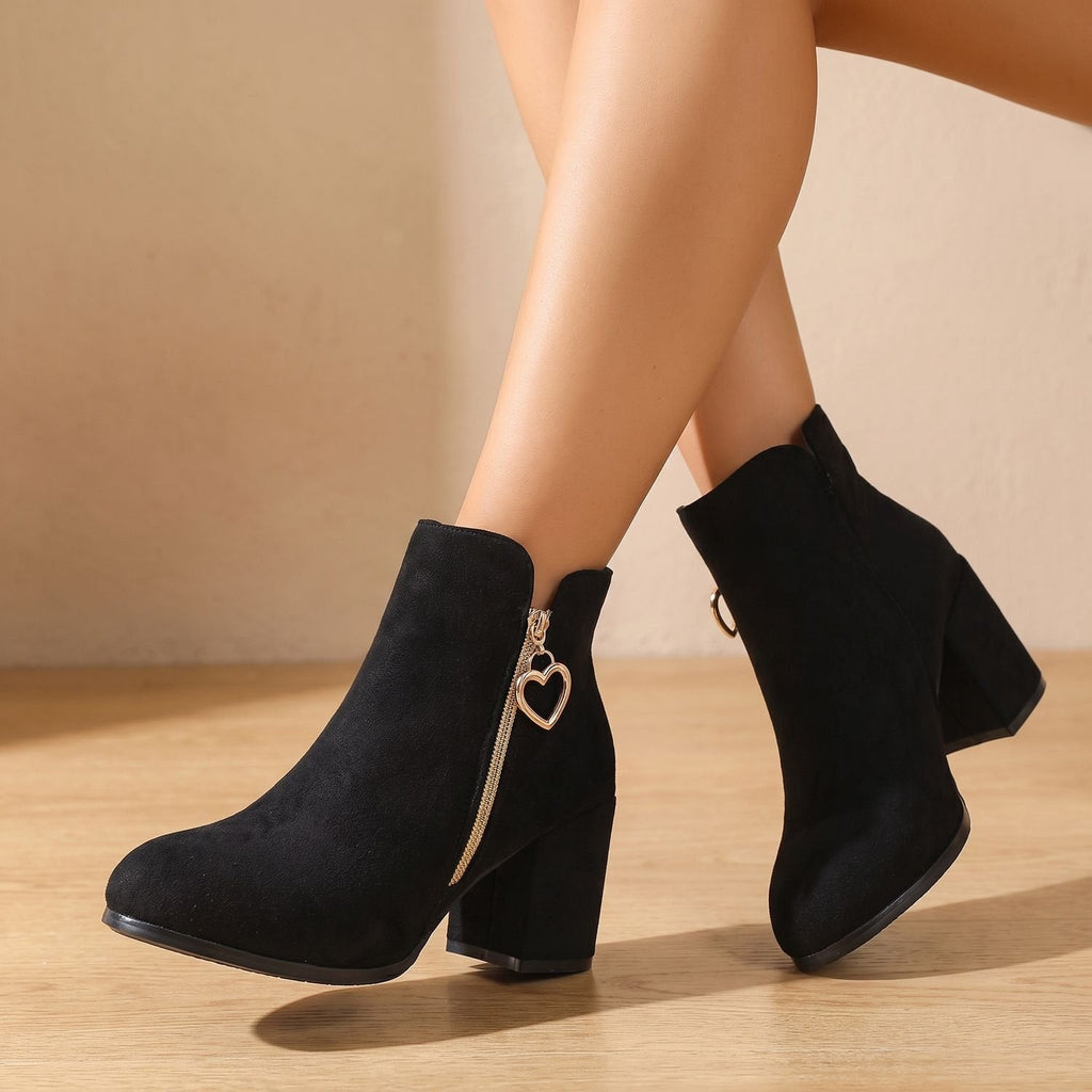 Amelia | Women's Black Suede Block Heel Ankle Boots Heart-Charm Zipper