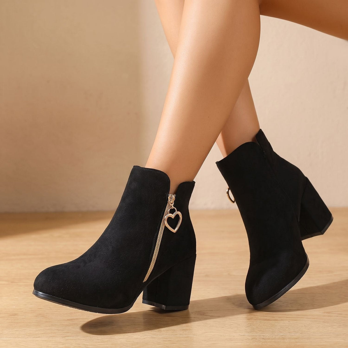 Amelia | Women's Black Suede Block Heel Ankle Boots Heart-Charm Zipper