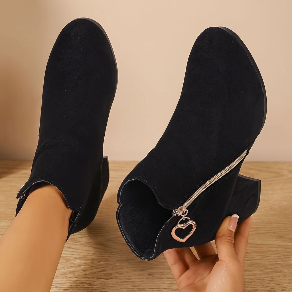 Amelia | Women's Black Suede Block Heel Ankle Boots Heart-Charm Zipper